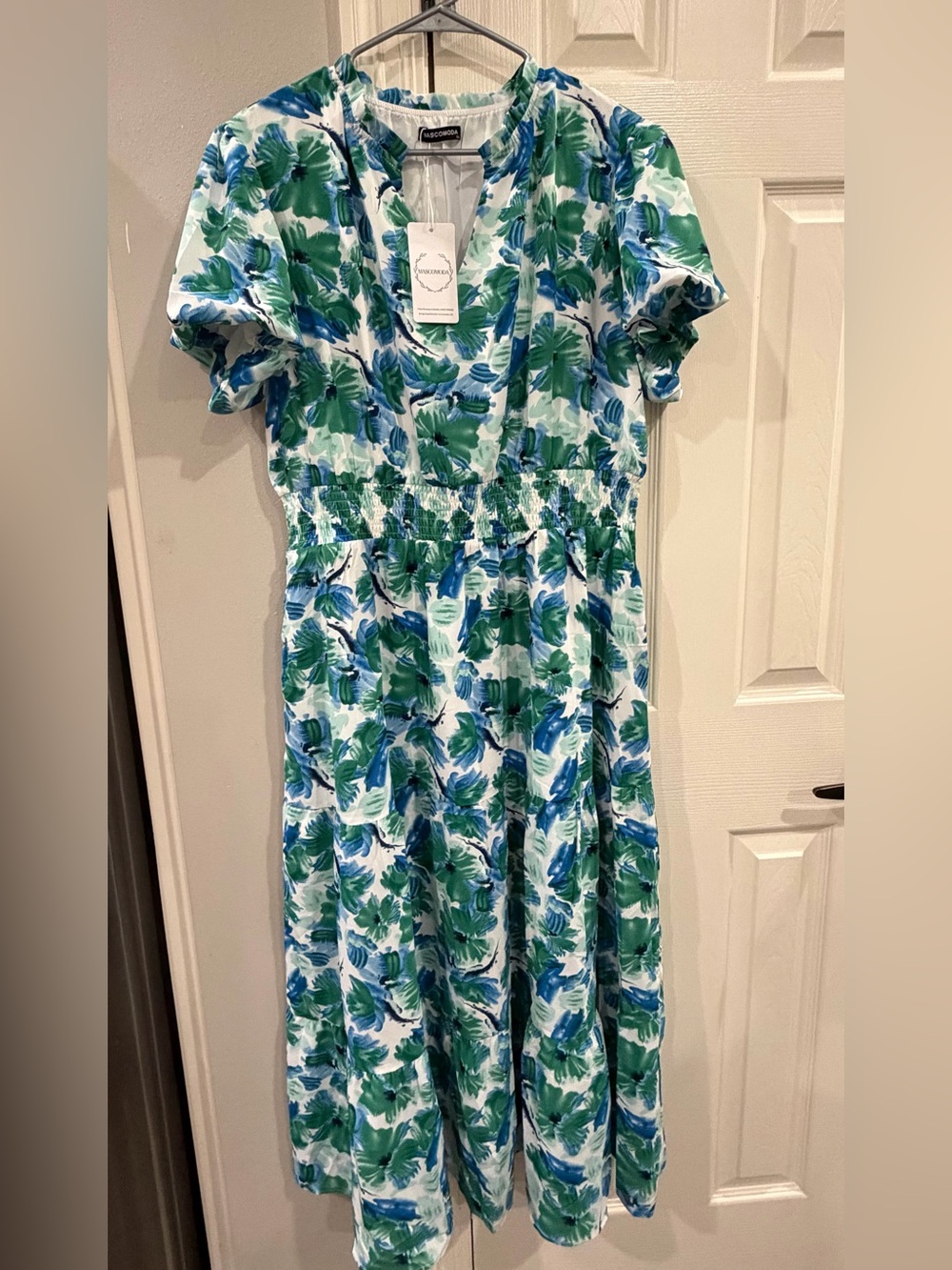 Leaf-Print Midi Dress in Green & Blue - Elastic Waist